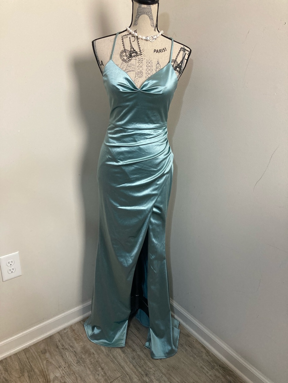 Crystal Doll Satin Slip Gown in Seafoam Strappy Back
